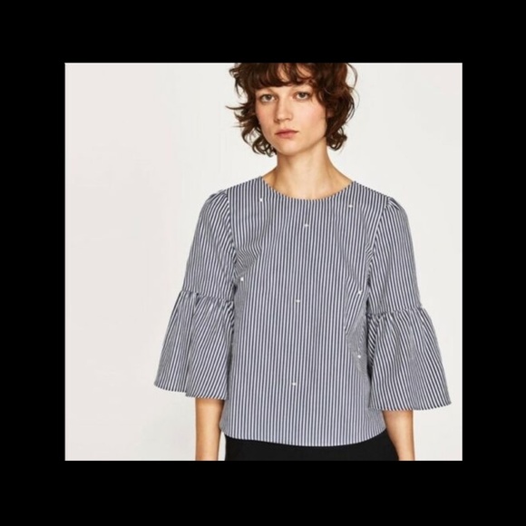 NWT Zara Poplin Stripe‎ Top with faux pearls Blue/White [ SZ Small ] #3595 - Picture 3 of 12